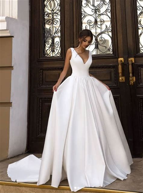 Elegant A Line V Neck Open Back White Satin Wedding Dresses With Train Simple Wedding Gown In