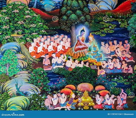 Native Thai Buddhist Mural Painting Of The Life Of Buddha Editorial