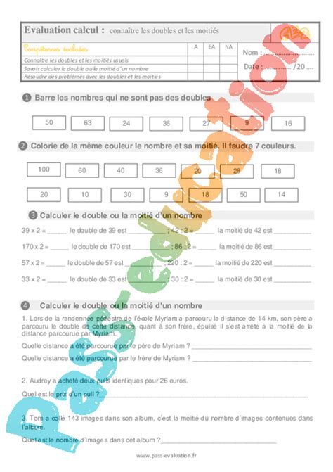 Evaluation avec le corrigé pour le Ce2 sur connaître les doubles et les