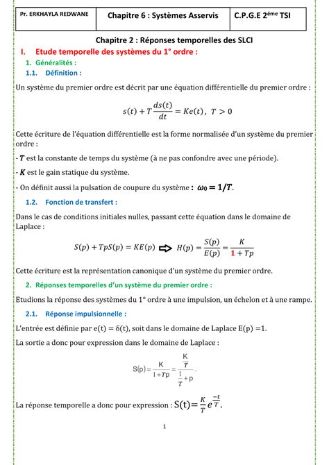 reponse temporelle Chapitre 2 Réponses temporelles des SLCI I