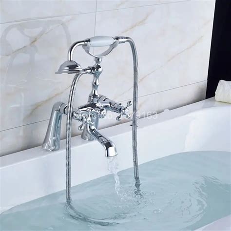 Polished Chrome Brass Double Cross Handles Deck Mounted Bathroom Clawfoot Bathtub Tub Faucet