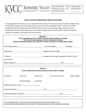 Fillable Online Kvcc Me 2014 15 COLLEGE ENROLLMENT VERIFICATION FORM