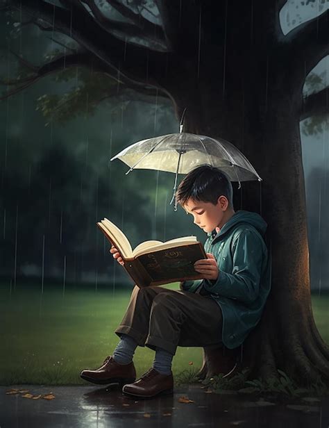 Un niño lee un libro bajo un árbol bajo la lluvia Foto Premium