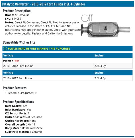 2010 2012 Ford Fusion Catalytic Converter Ap Exhaust 644052