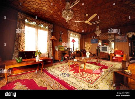 Interior of houseboat ; Srinagar ; Jammu and Kashmir ; India Stock ...