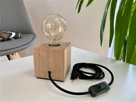 Edison Table Lamp Solid Oak Wood E Opt Dimmer Industrial Retro