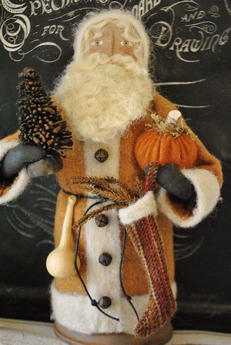 Primitive Folk Art Handmade Soft Sculpture Fall Santa Doll Pumpkin