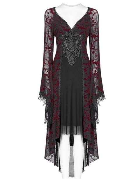 Gothic V Collar Goddess Classical Translucent Long Sleeve Black Red Mid