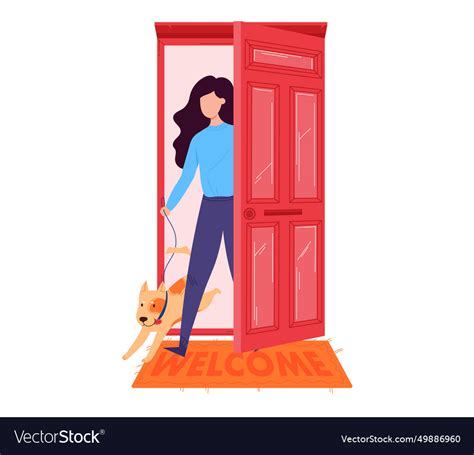 Woman Walking Out The Door With Her Energetic Dog Vector Image