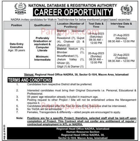 National Database And Registration Authority NADRA Jobs August 2023