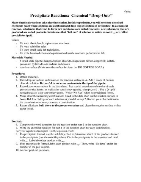 Precipitate Reaction Lab Answers Worksheets Library