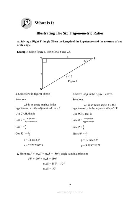 Trigonometric Ratios Worksheet For Grade