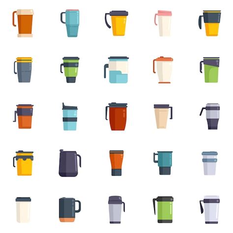 Premium Vector Thermo Cup Icons Set Flat Vector Coffee Cup