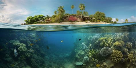 Underwater View Of Tropical Island With Coral Reef And Sandy Beach With