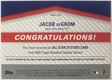 Jacob DeGrom 2020 Topps Update Series New York Mets Baseball All Star