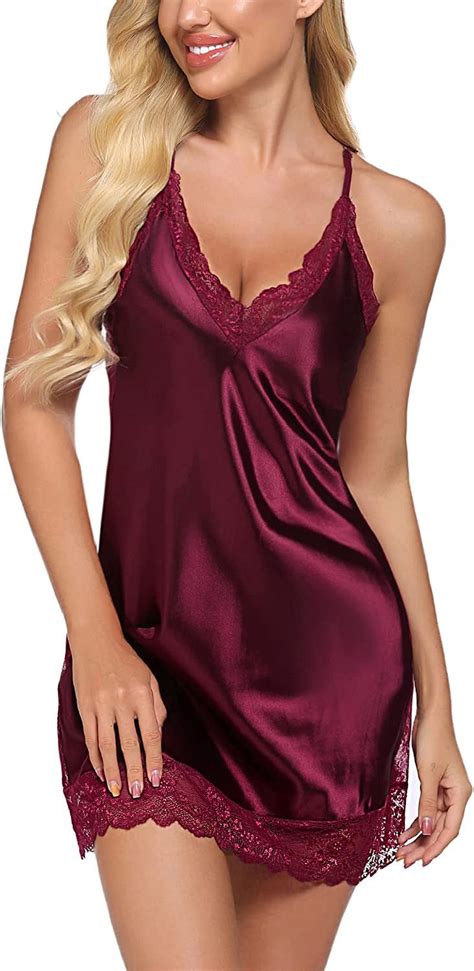 Avidlove Women Lingerie Satin Lace Chemise Nightgown Sexy Full Slips Sleepwear Small Dark Red