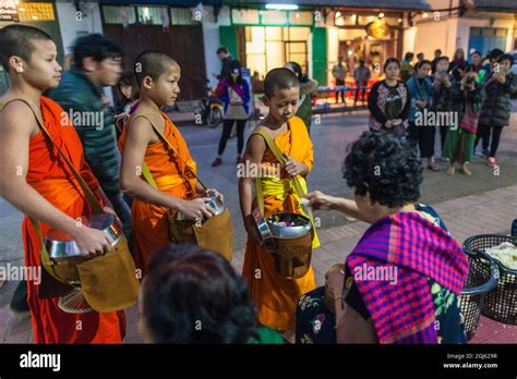 Laos Luang Prabang Tak Bat At Dawn Procession Of Buddhist Monks