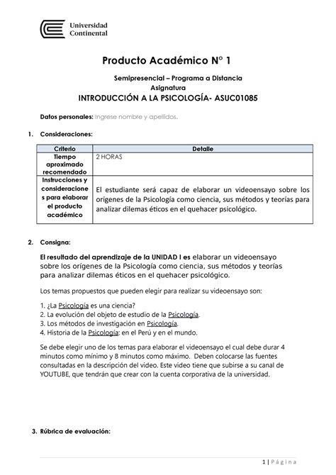 Introducción a la psicología Tipo Rúbrica 1 producto PA01