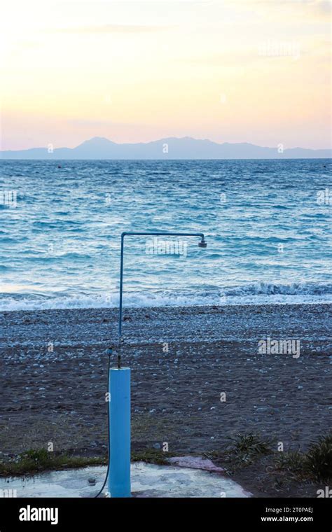 Outdoor Beach Shower In Front Of The Ocean At Paralia Ixia Beach During