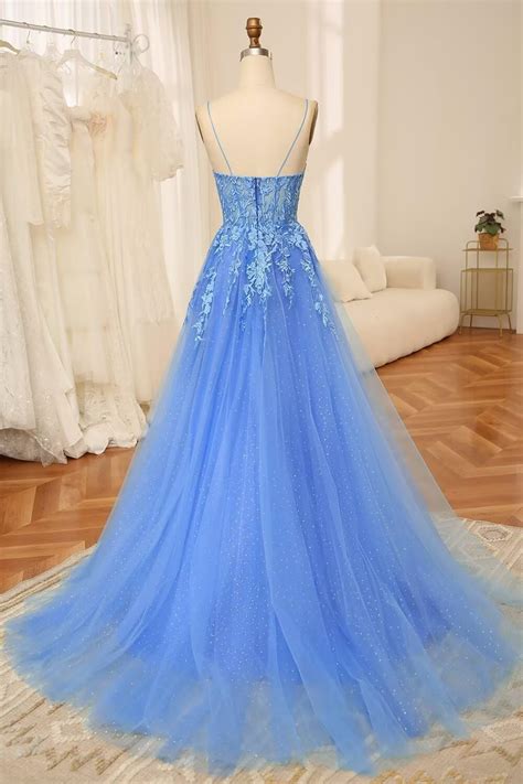 Homdor Lace Appliques Tulle Prom Dresses Long Ball Gown Spaghetti