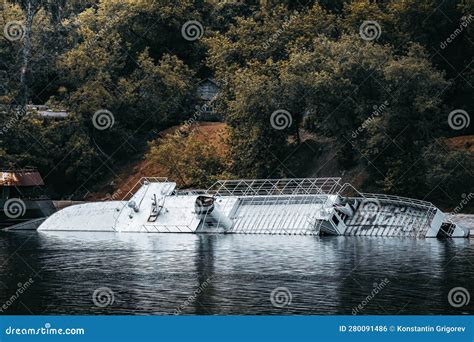 Sunked Ship In A River Old Abandoned Wrecked Ship Riverside Landscape