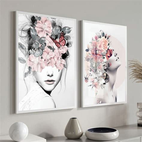 Kit 2 Quadros Decorativos Mulheres Flores Rosa Moldura Vidro