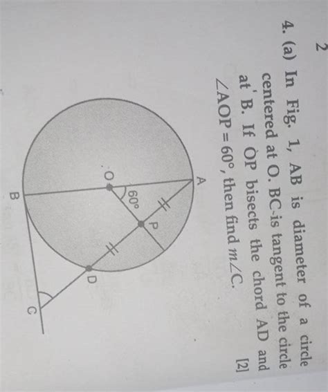 A In Fig Ab Is Diameter Of A Circle Centered At O Bc Is Tangent