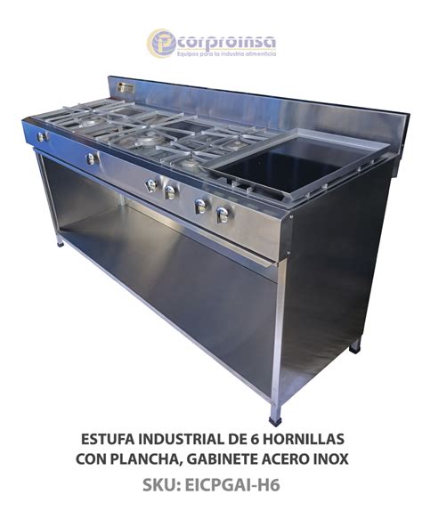 Estufa Industrial De Hornillas Con Plancha Gabinete Acero Inox