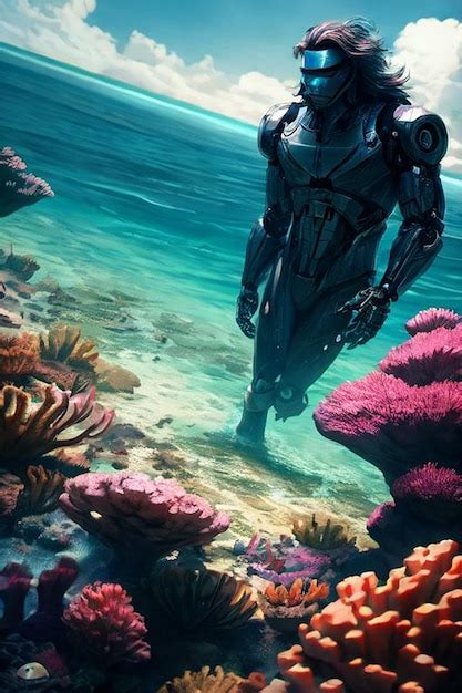 Premium Photo Cyborg Merman Exploring A Coral Reef Dramatic Image