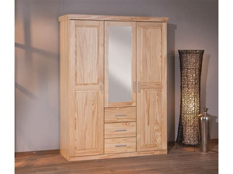 Armoire Penderie Dressing Rangement Chambre Miroir Portes Pin Massif