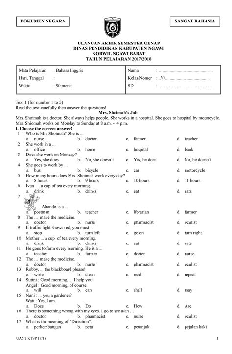 9 Soal UAS KTSP Bhs Inggris Kls 5 ULANGAN AKHIR SEMESTER GENAP DINAS