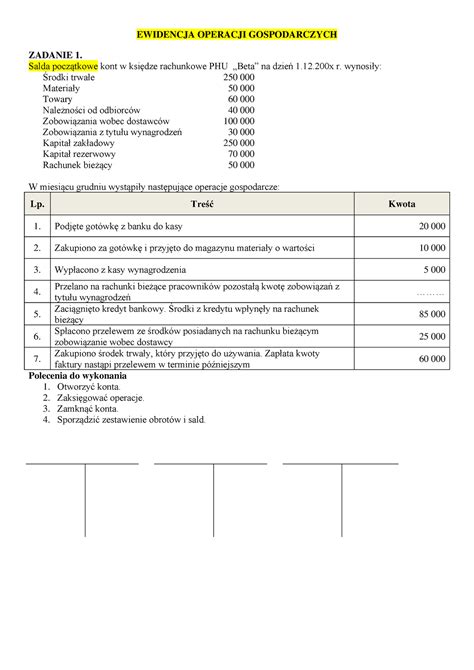 ZAD 1 Ewidencja Operacji EWIDENCJA OPERACJI GOSPODARCZYCH ZADANIE 1