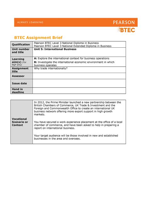 Authorised Assignment Brief For Learning Aim A And B Unit 5