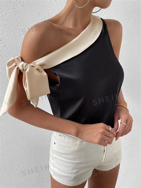 SHEIN Privé Blusa de color combinado con nudo lateral de cuello