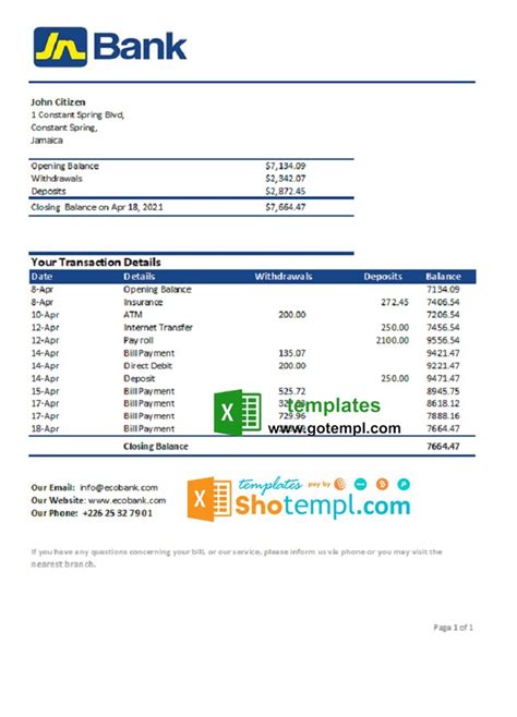 Jamaica National Bank Statement Easy To Fill Template In Xls And Pdf