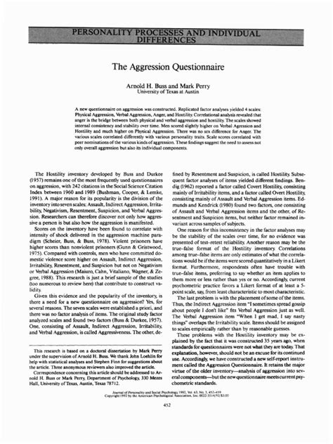 The Aggression Questionnaire Arnold H Buss And Mark Perry Download