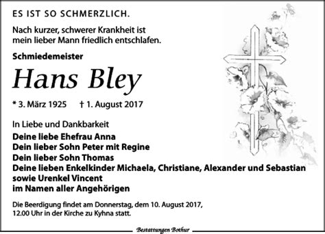 Traueranzeigen Von Hans Bley Trauer Anzeigen De