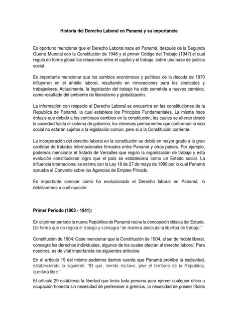 Historia Del Derecho Laboral En Panamá Y Su Importancia As Pdf