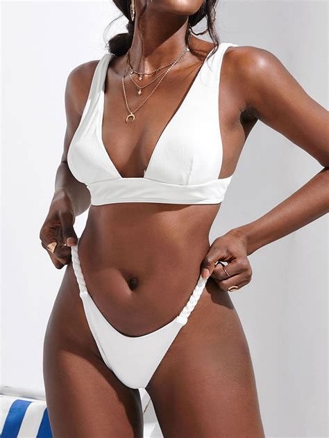 51 OFF 2022 ZAFUL Ribbed Braided Straps Tanga Cheeky Bikini Swimwear