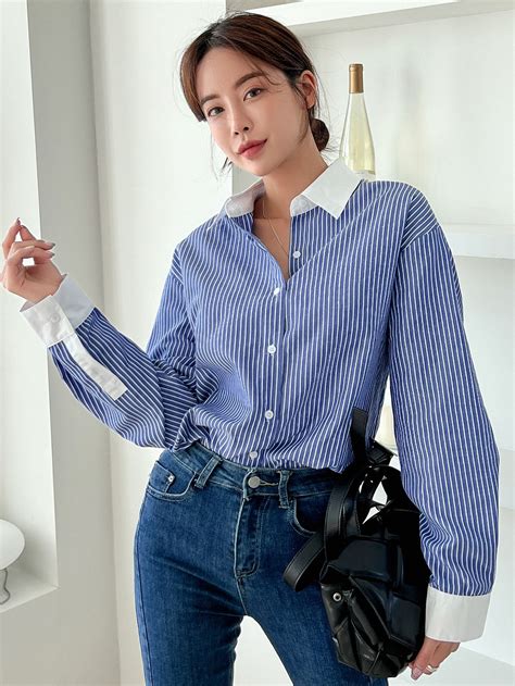 Dazy Striped Print Contrast Collar Blouse Vertical Striped Shirt