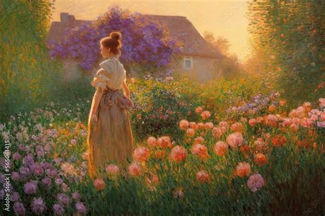 Vintage Oil Painting Of Woman Standing In Garden Surrounded By Flowers