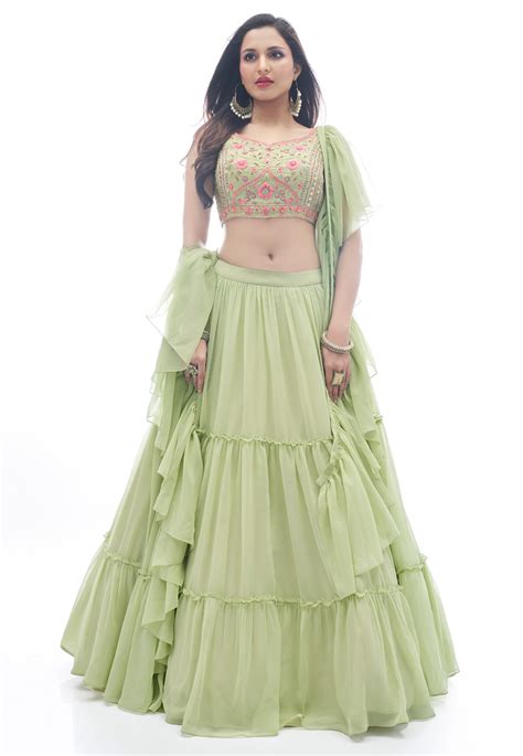 Pista Green Georgette A Line Lehenga Choli 250110