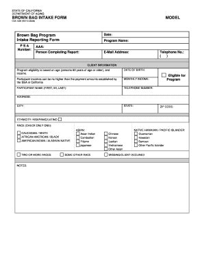 Fillable Online Aging Ca MODEL Brown Bag Intake Form California