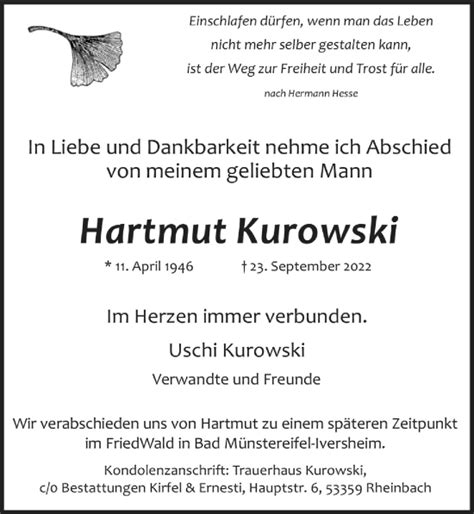 Traueranzeigen Von Hartmut Kurowski Wirtrauern