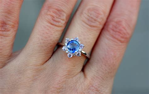 Blue Snowflake Engagement Ring Blue Sapphire Ring Round Blue Sapphire