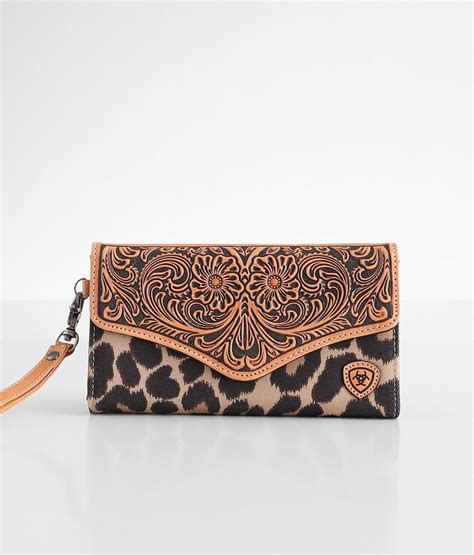 Ariat Tooled Leather Wristlet Wallet Womens Bags In Brown Leopard