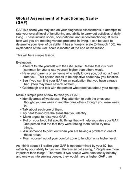 Global Assessment Of Functioning Scale• Gaf