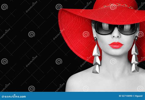 Woman In Red Hat And Sunglasses Over Black Stock Photo Image Of