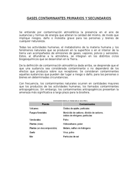 Gases Contaminantes Primarios Y Secundarios Pdf Contaminación La