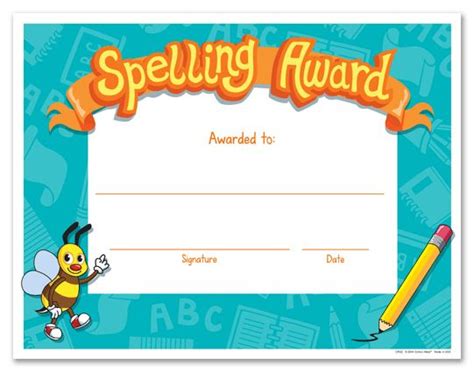 A Spelling Award Certificate With A Cartoon Bee Holding A Pencil